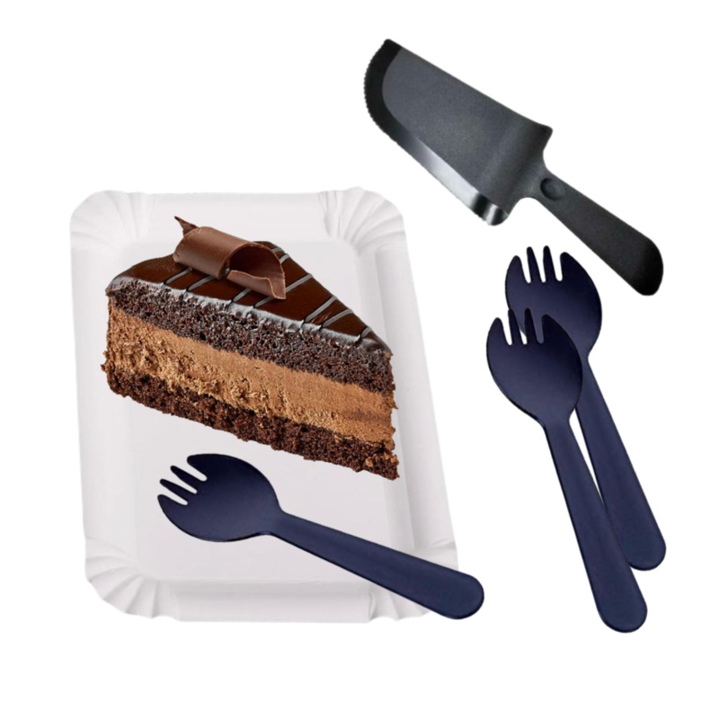 Black Cake Knife, Forks & Disposable Plates Set - Set of 21 PC
