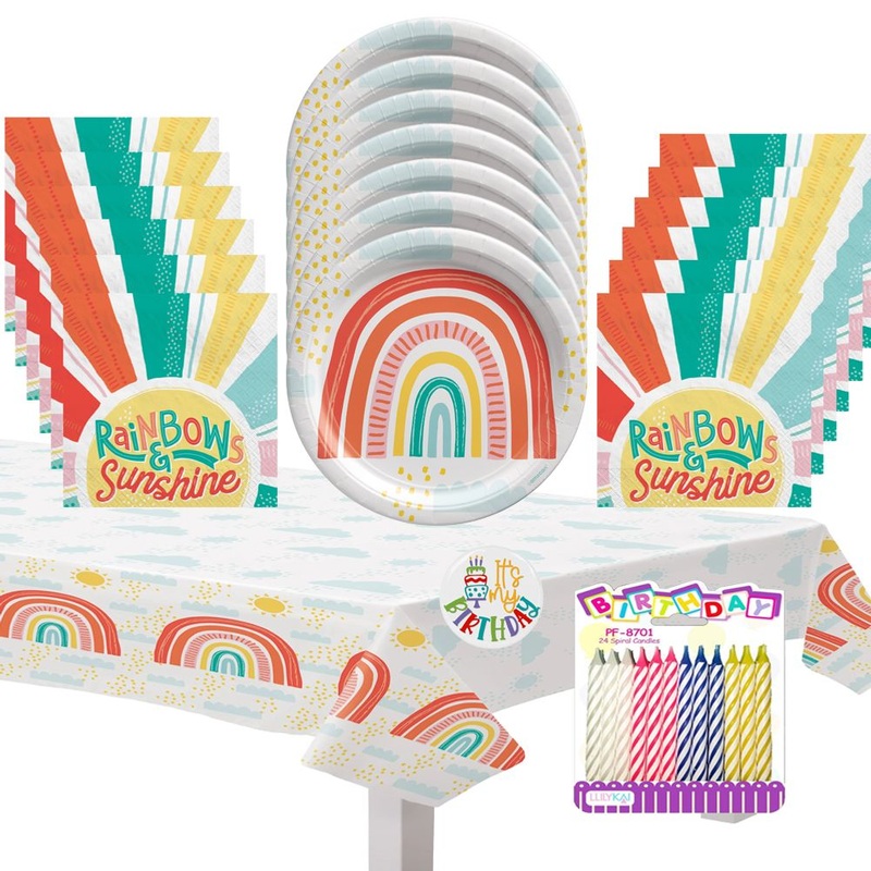 Retro Rainbow Deluxe Tableware Party Kit for Cake (16 Guests)