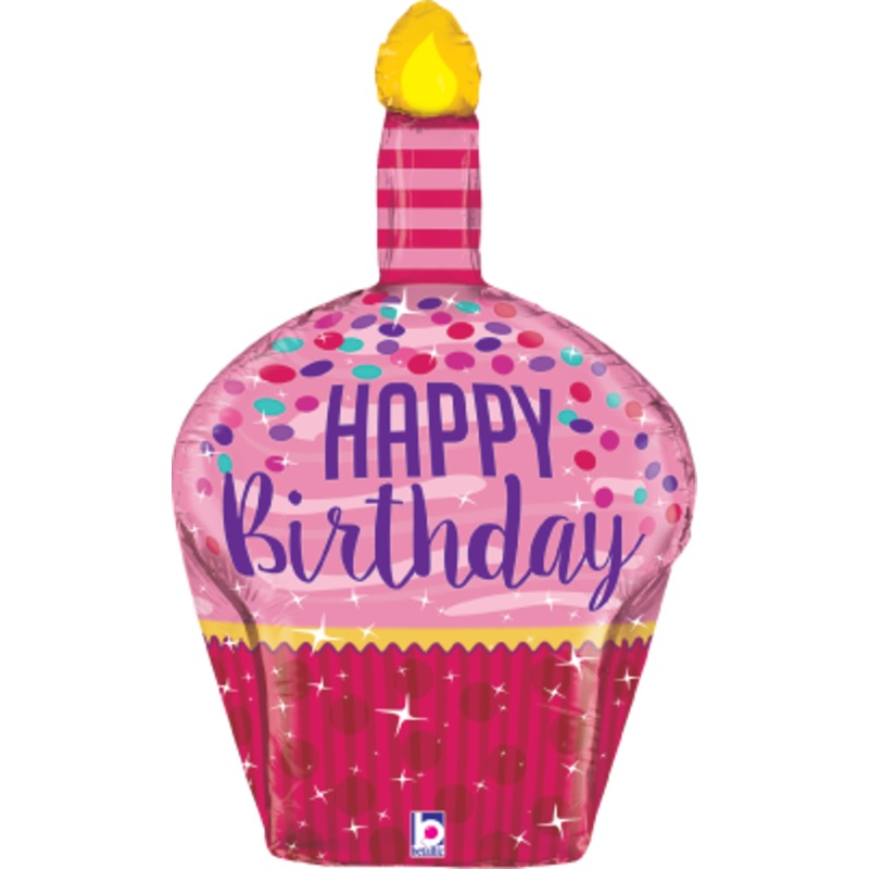 Betallic Dimensionals Birthday Sparkles Cupcake 26 inch Multi-Sided Shaped Foil Balloon Packaged (D4) 1ct