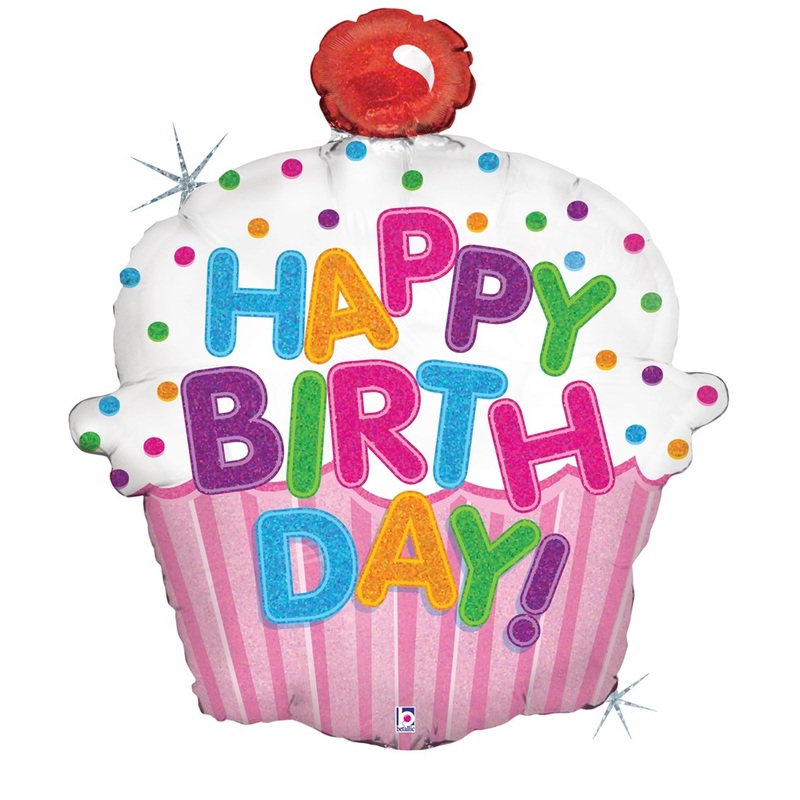 Betallic Happy Birthday Cupcake 24 inch Holographic Shaped Foil Balloon 1ct