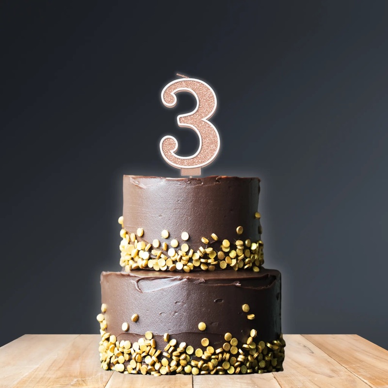 Sparkling Fizz Number 3 Candle  7.5cm Rose Gold Birthday Cake Candle