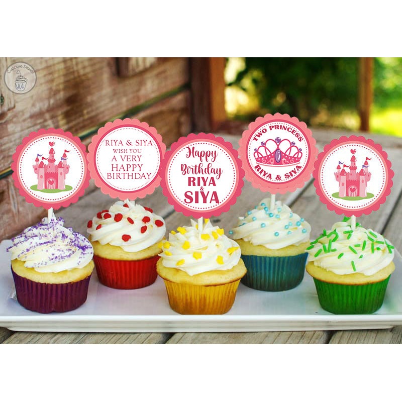 Twin Girls Theme Birthday Party Cupcake Toppers for Decoration