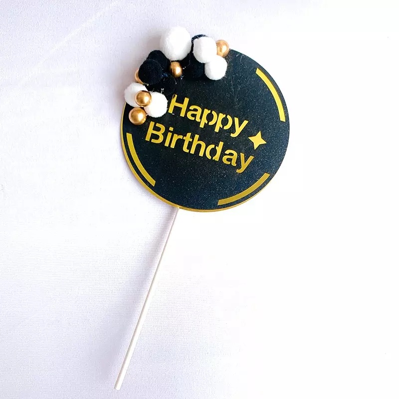 Black Happy Birthday Cake Topper With Fuzzy Balls (Pack of 1)