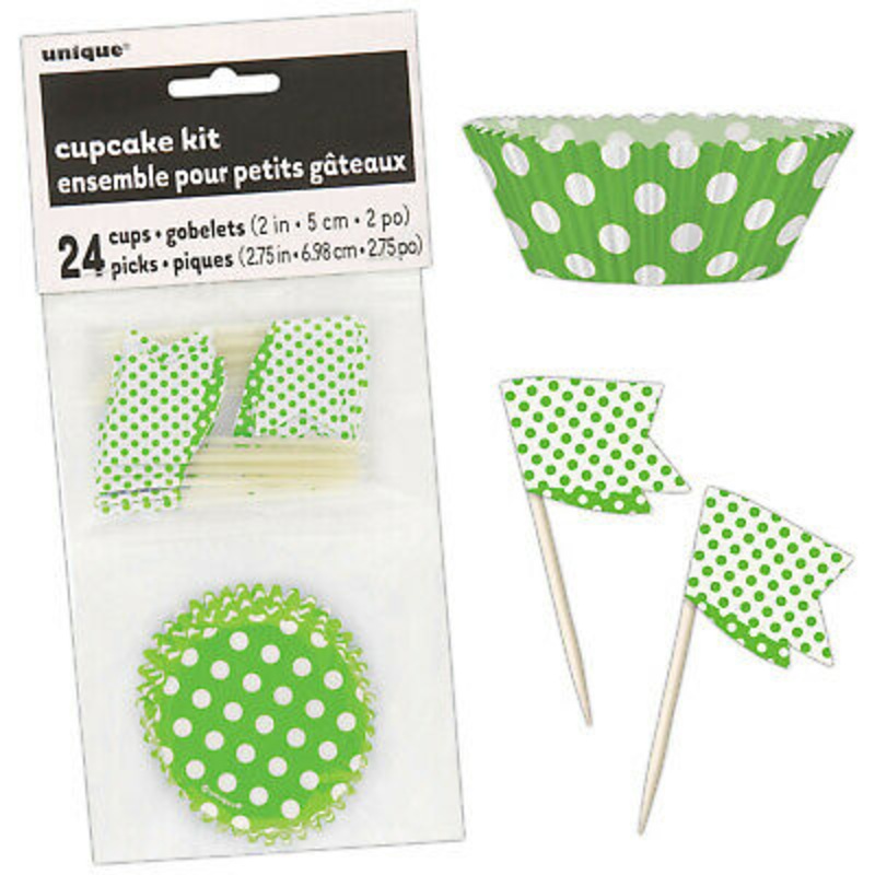 Green Polka Dot Cupcake Cases with Flags (24pc)
