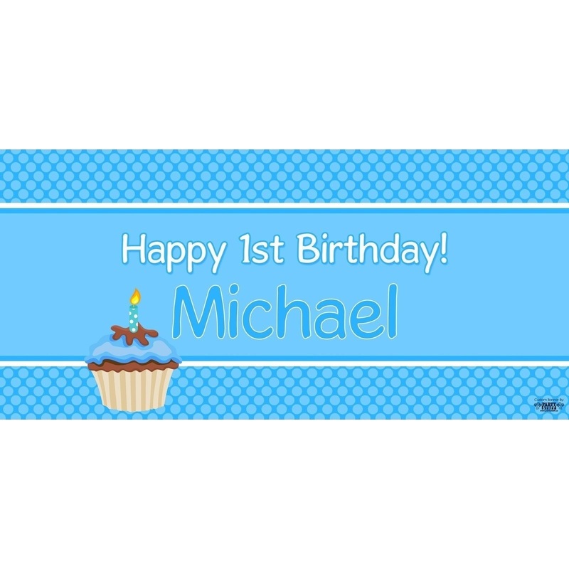 Banner - Custom Deluxe Birthday Blue Dots & Cupcake