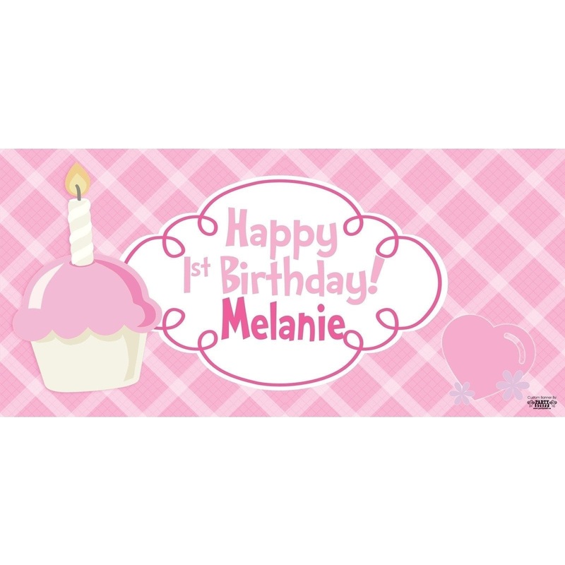 Banner - Custom Deluxe Birthday Pink Cupcake & Heart