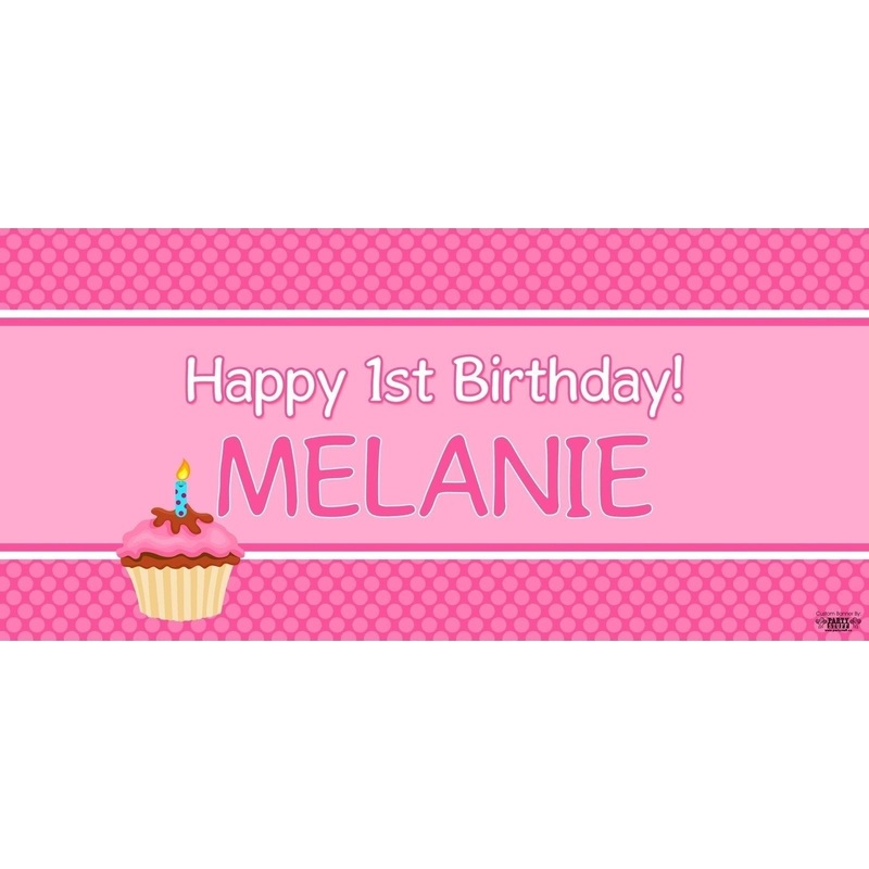 Banner - Custom Deluxe Birthday Pink Dots & Cupcake
