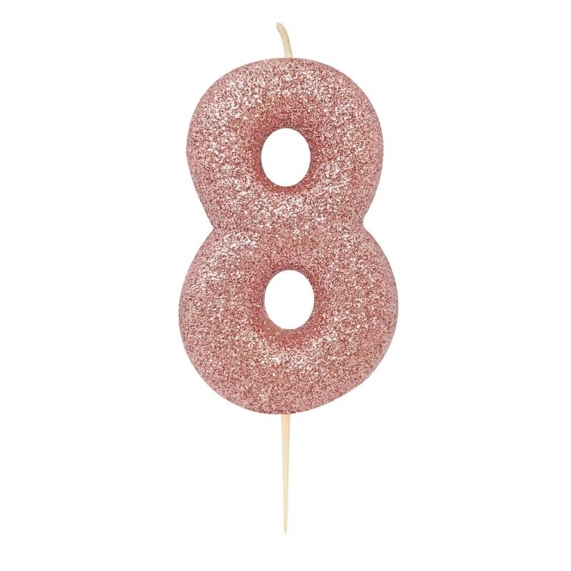 Number 8 Cake Candle: Rose Gold Glitter