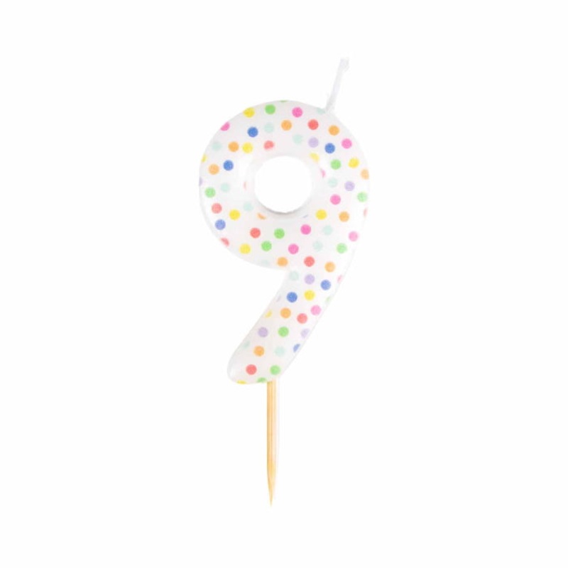 Rainbow Polka Dot Number 9 Cake Candle 6cm