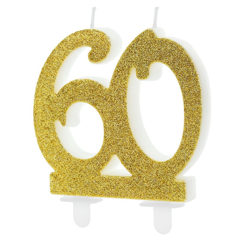 60-Years Birthday Anniversary Cake Candle Glitter Gold