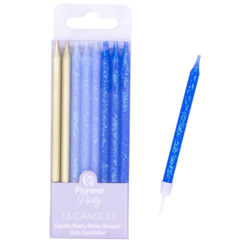 Blue and Gold Birthday Cake Candles Pack of 16