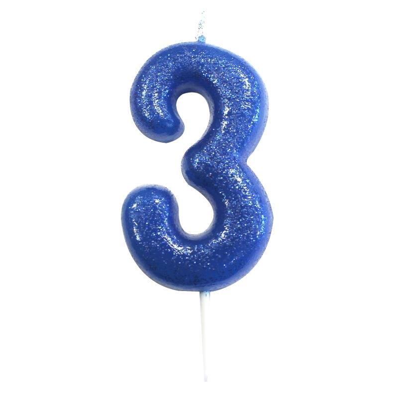 Blue Glitter Number 3 Birthday Cake Candle
