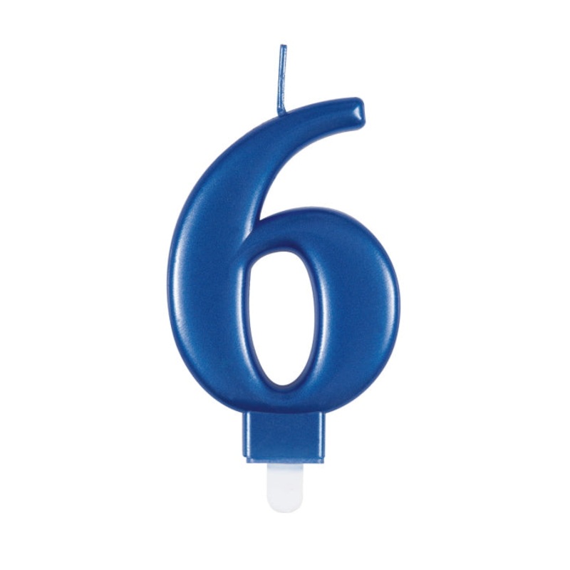 Blue Metallic Number 6 Cake Candle: 6th Birthday Candle