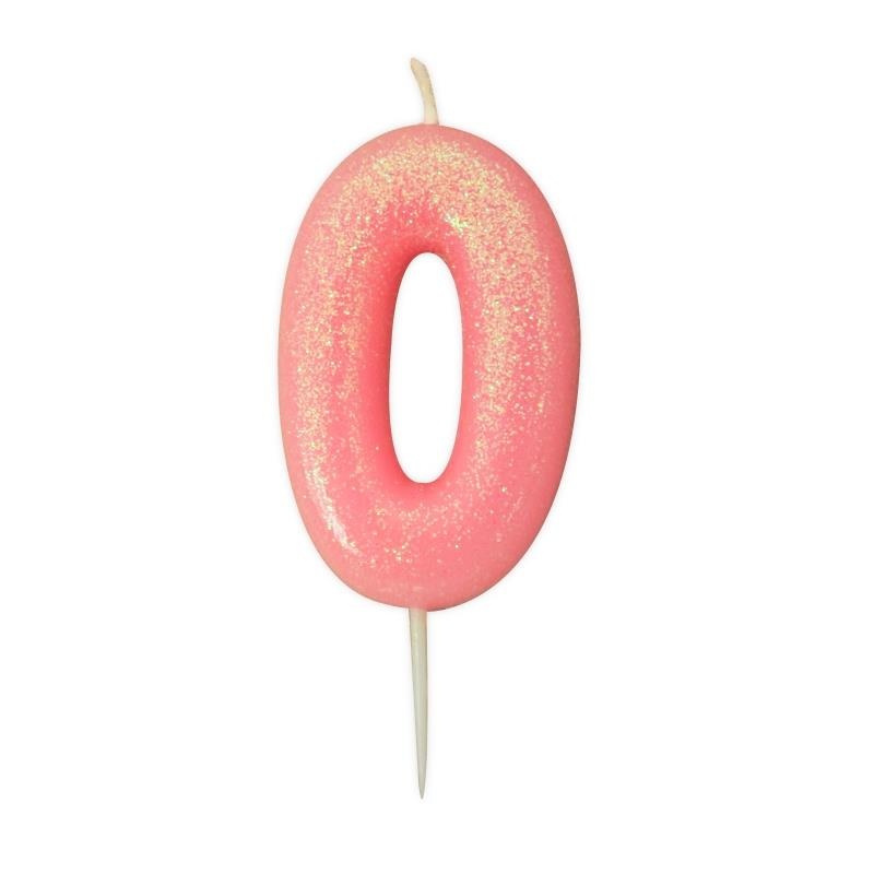 Pink Glitter Number 0 Candle: Birthday Cake Candle