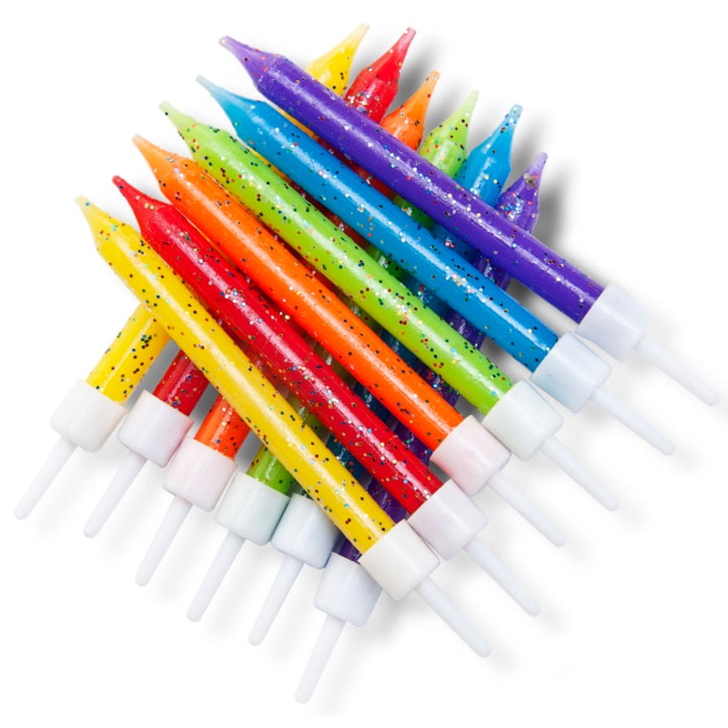 Rainbow Coloured Glitter Cake Candles Decorations Pack of 12