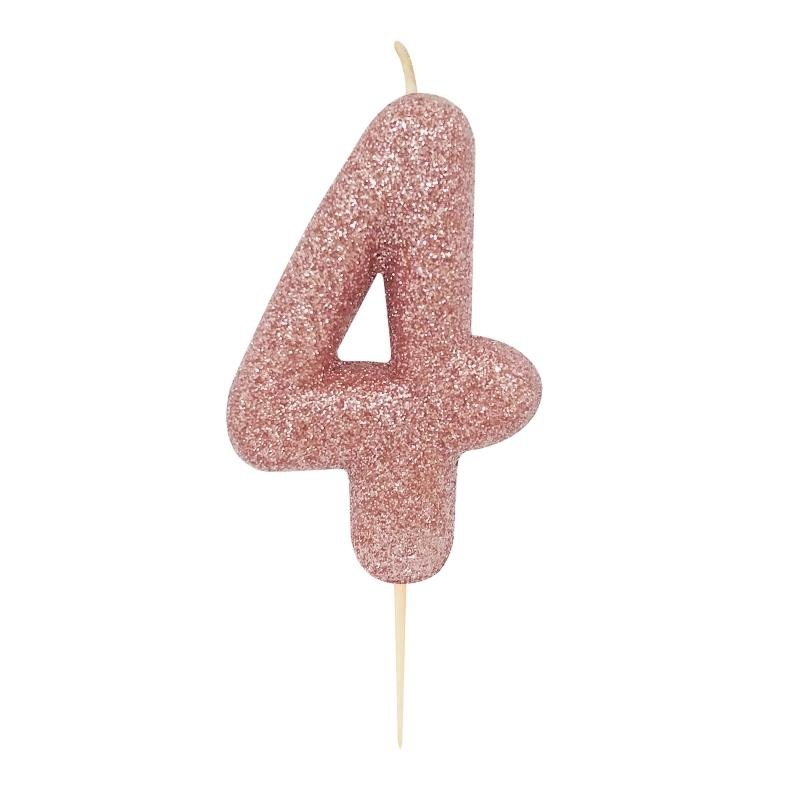 Rose Gold Glitter Number 4 Birthday Cake Candle