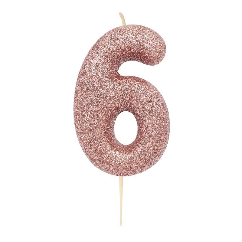 Rose Gold Glitter Number 6 Birthday Cake Candle