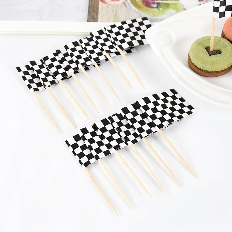 Black & White Checkered Flag Pick Cupcake Topper 25pk