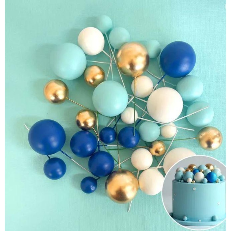 Cake Toppers Deco Foam Balls Blue White & Gold Pk/32