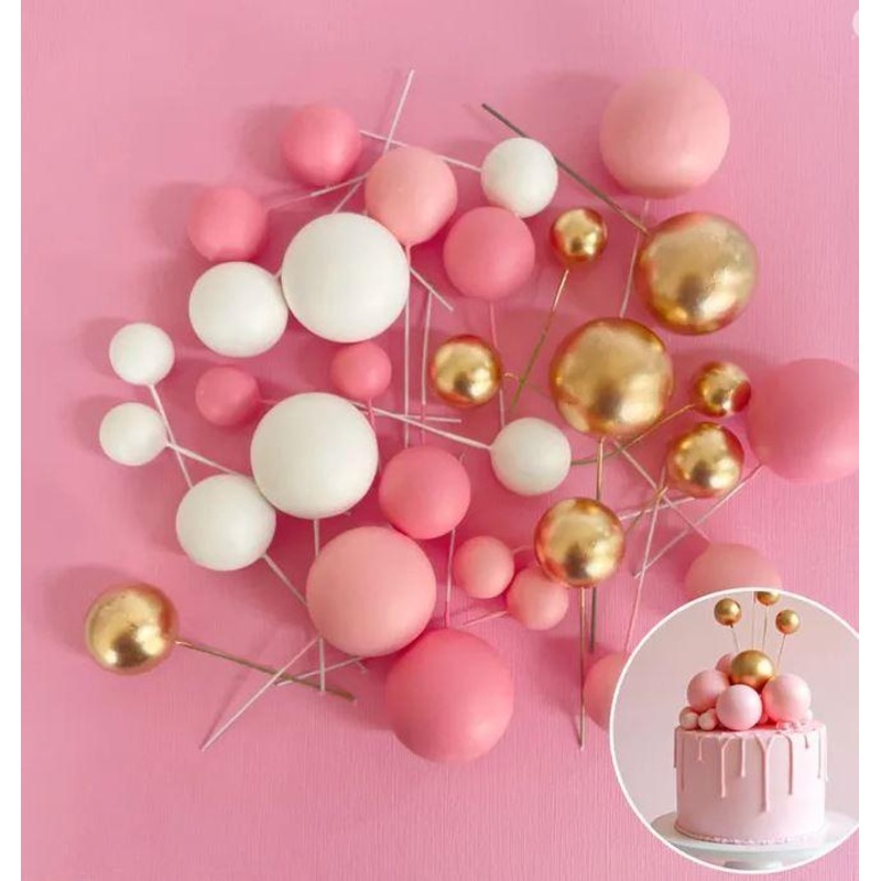 Cake Toppers Deco Foam Balls Pink White & Gold Pk/32