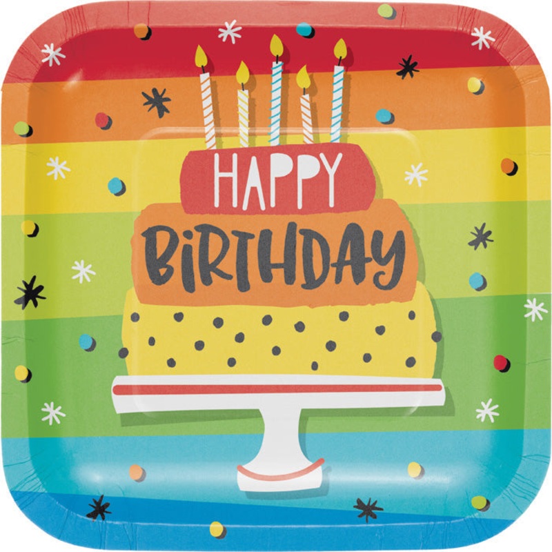 96 pc Bulk Rainbow Cake Square Dessert Plates