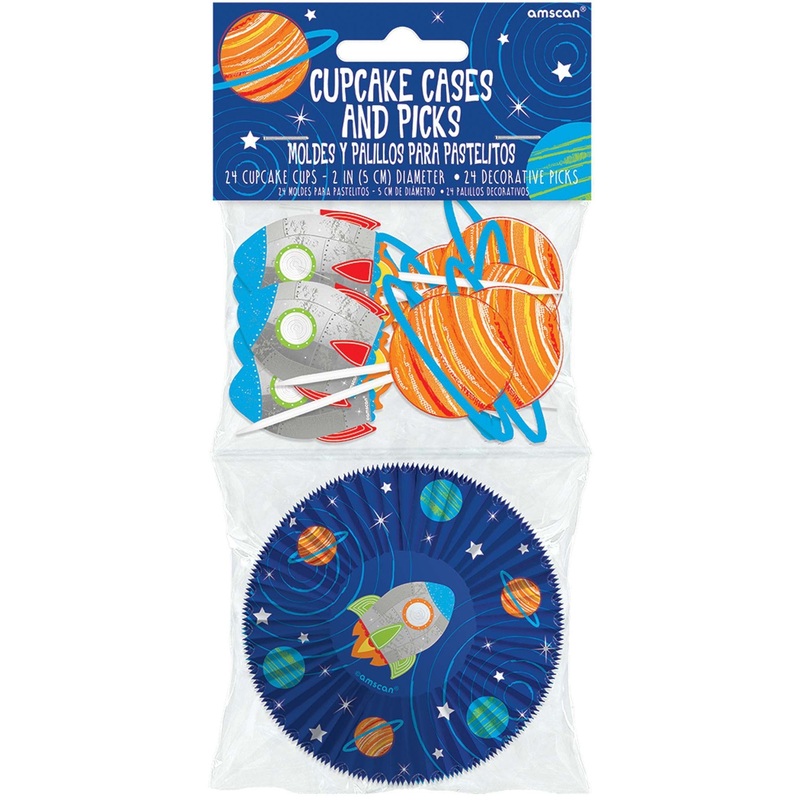 Blast Off Birthday Cup Cake Cases & Picks Pack - Pack of 48