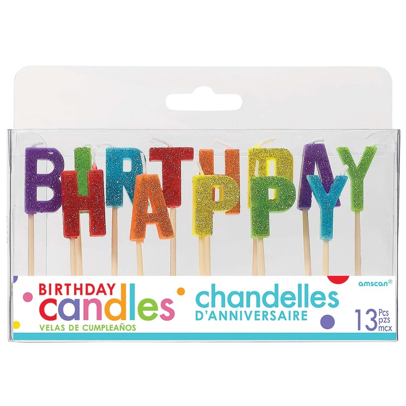 Happy Birthday Pick Cake Candle - Glitter Rainbow - Pack of 13