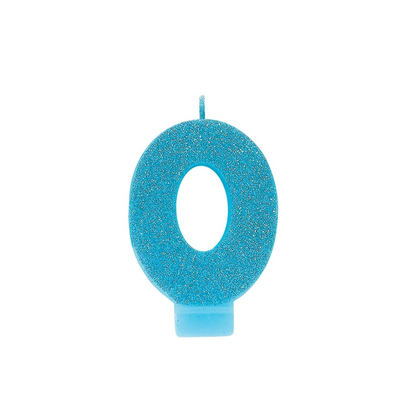 Number "0" Cake Candle Glitter - Caribbean Blue