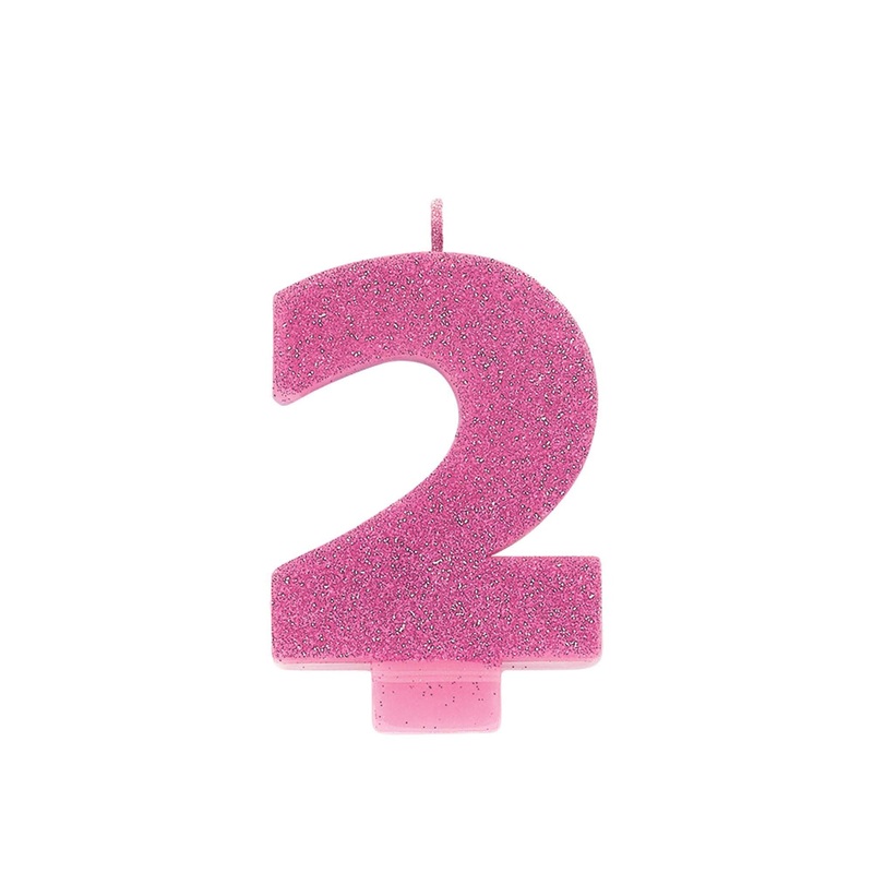 Number "2" Cake Candle Glitter - Pink