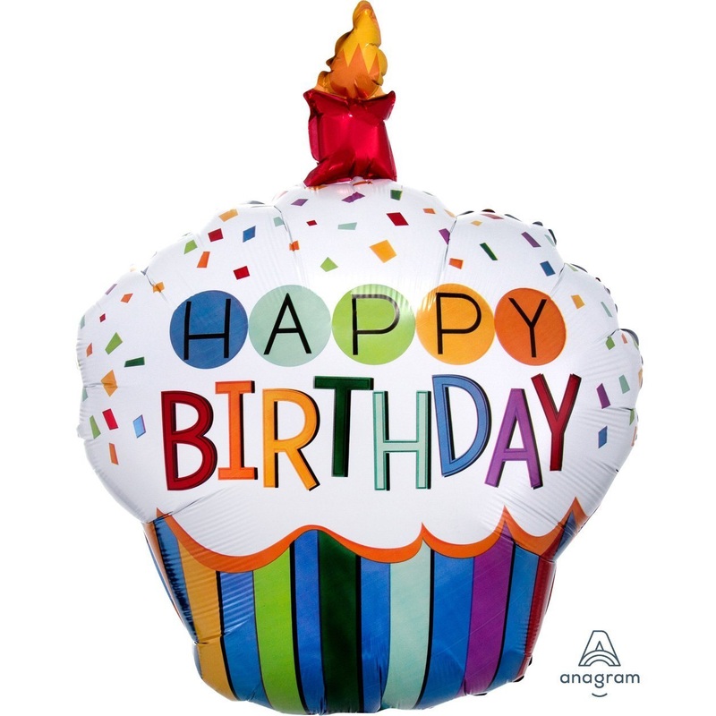 Rainbow Birthday Cupcake Die Cut Foil Balloon 29in x 36in / 74cm x 92cm