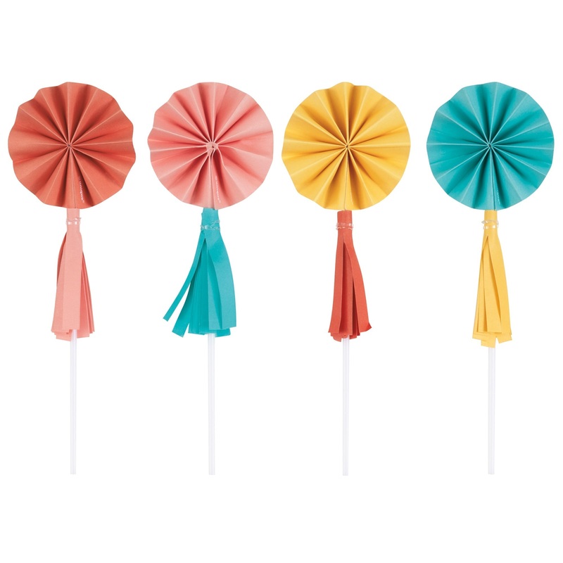 Feelin' Retro Birthday Paper Fan Cake Toppers with Tassels, 8 Count