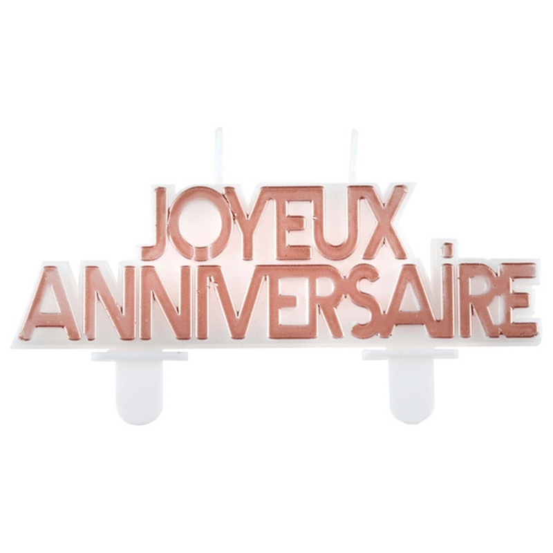 "Joyeux Anniversaire" Birthday Cake Candle, White and Rose Gold, 1 Count