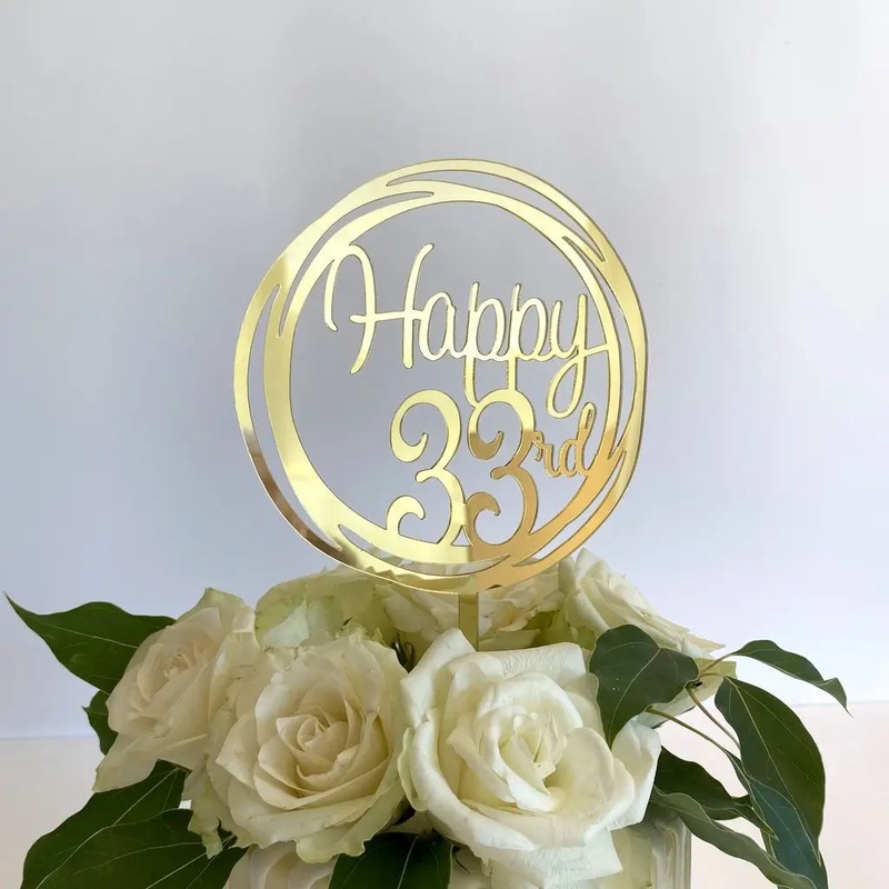 Acrylic Gold Geometric Circle 'Happy 33rd' Cake Topper