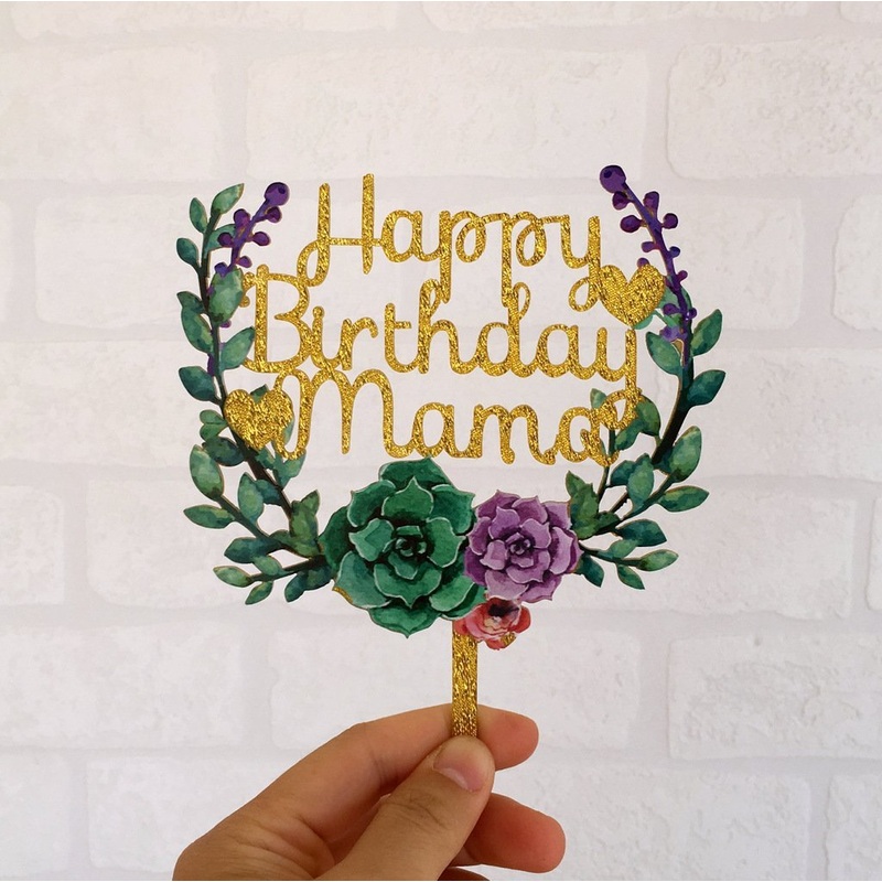 Acrylic 'Happy Birthday Mama' Floral Cake Topper - Gold Glitter