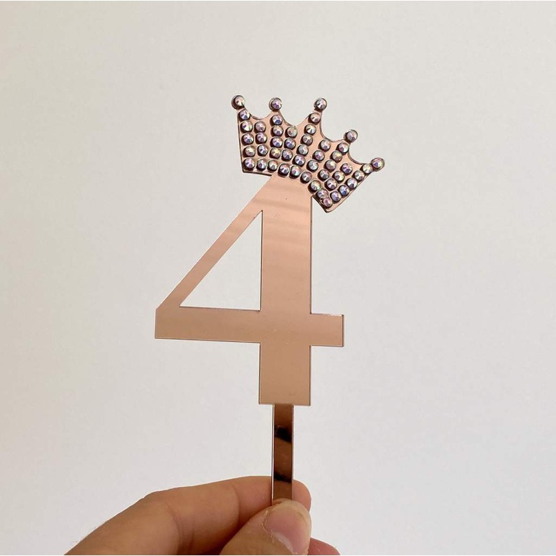 Acrylic Rose Gold Age 4 Rhinestone Crown Cake Topper