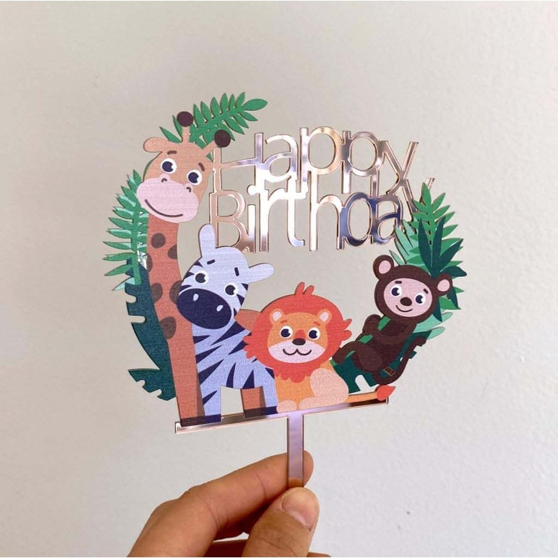 Acrylic Rose Gold 'Happy Birthday' Jungle Animal Cake Topper