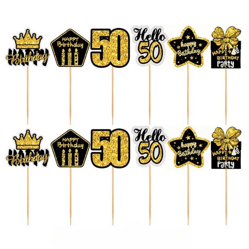 Black & Gold 50th Birthday Cupcake Toppers 12pk