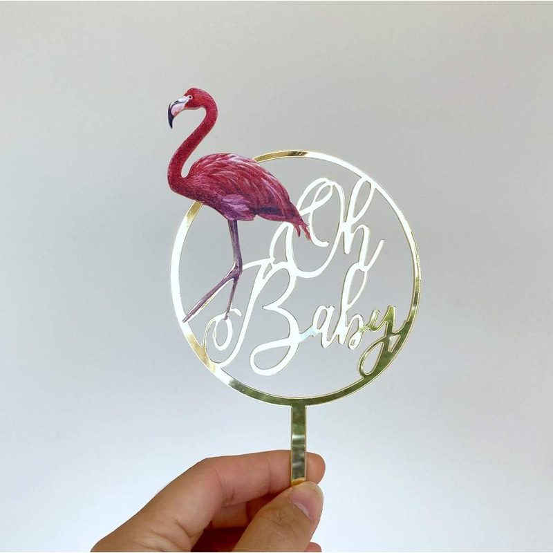 Gold Mirror Acrylic Oh Baby Flamingo Loop Cake Topper