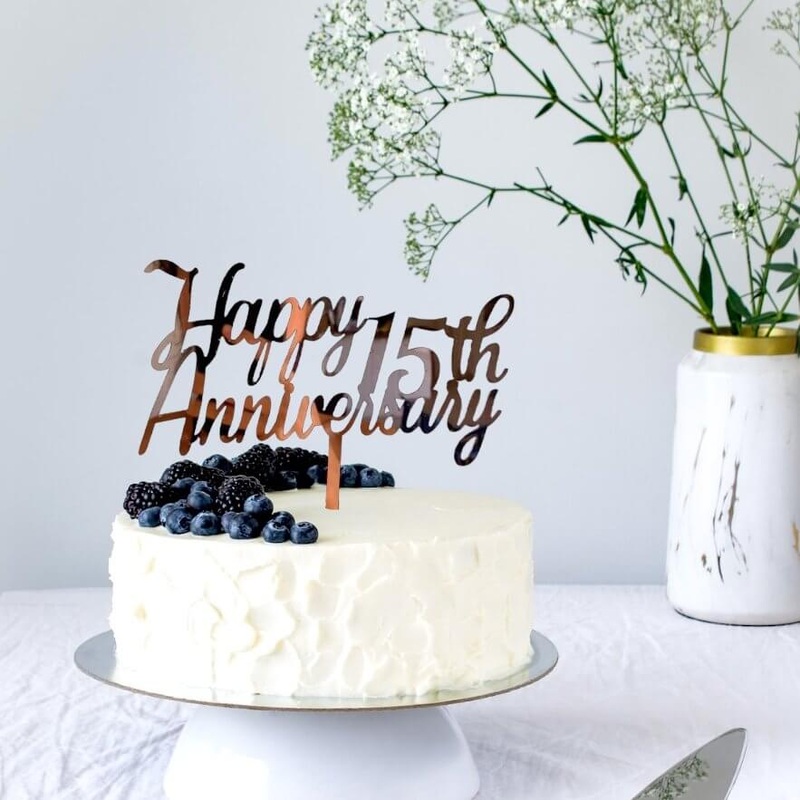Rose Gold Acrylic 'Happy 15th Anniversary' Cake Topper