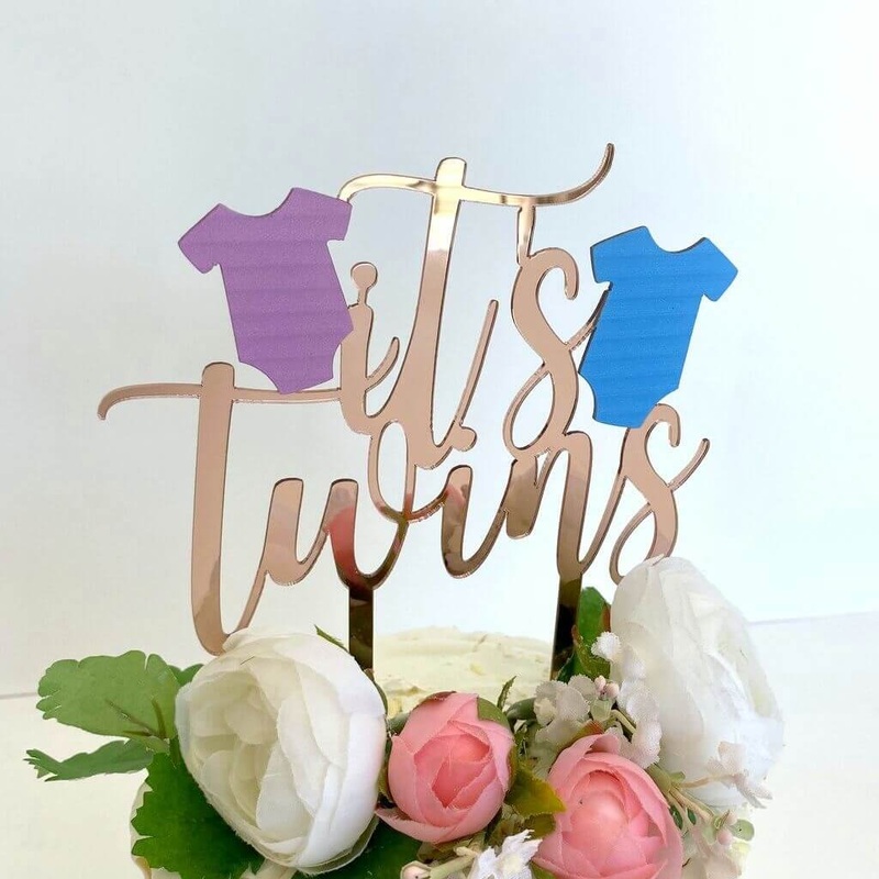 Rose Gold Acrylic 'It's Twins' Pink & Blue Onesie Cake Topper