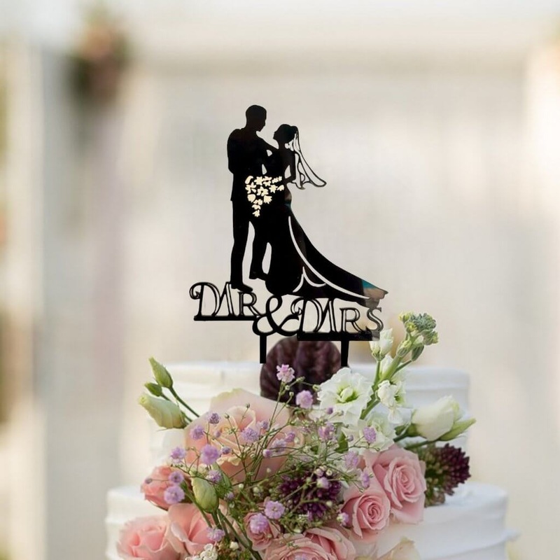 Silhouette Couple Holding Flower Bouquet Mr & Mrs Cake Topper