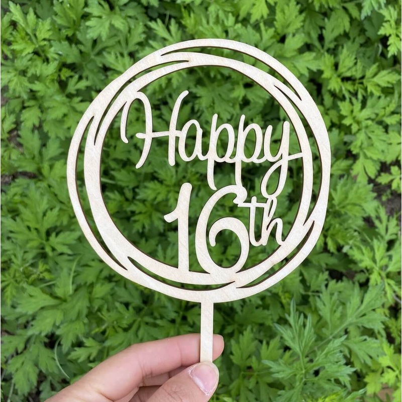 Wooden Geometric Happy 16th Cake Topper