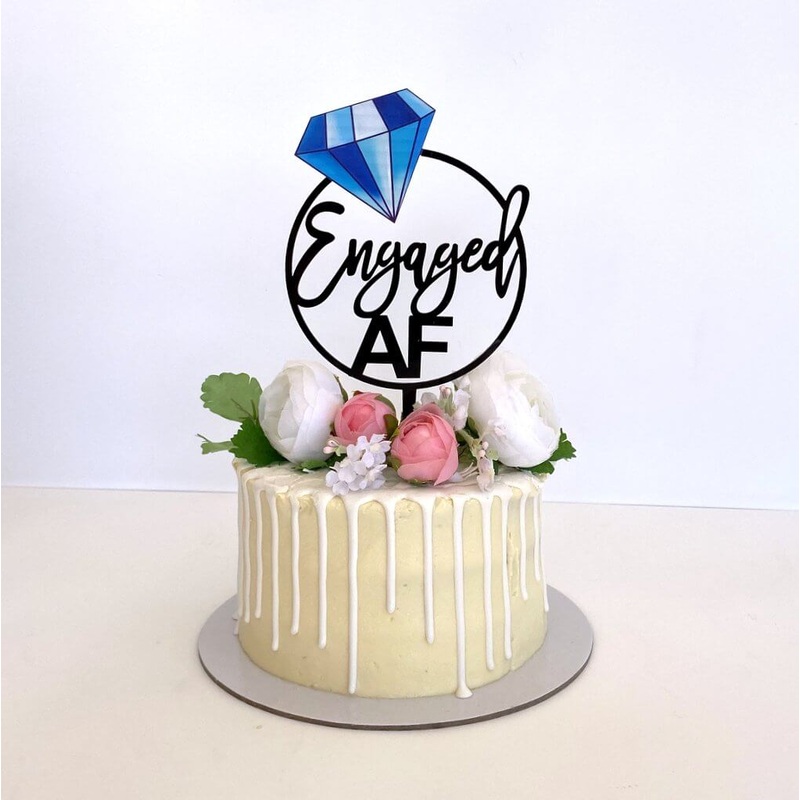 Acrylic Black 'Engaged AF' with Blue Diamond Cake Topper