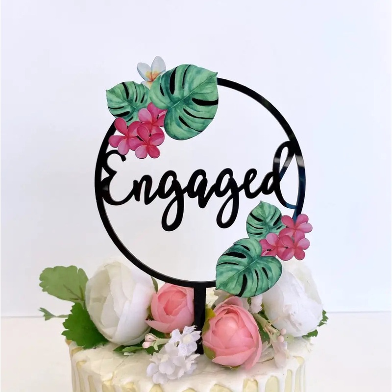 Acrylic Black Tropical Floral 'Engaged' Loop Cake Topper