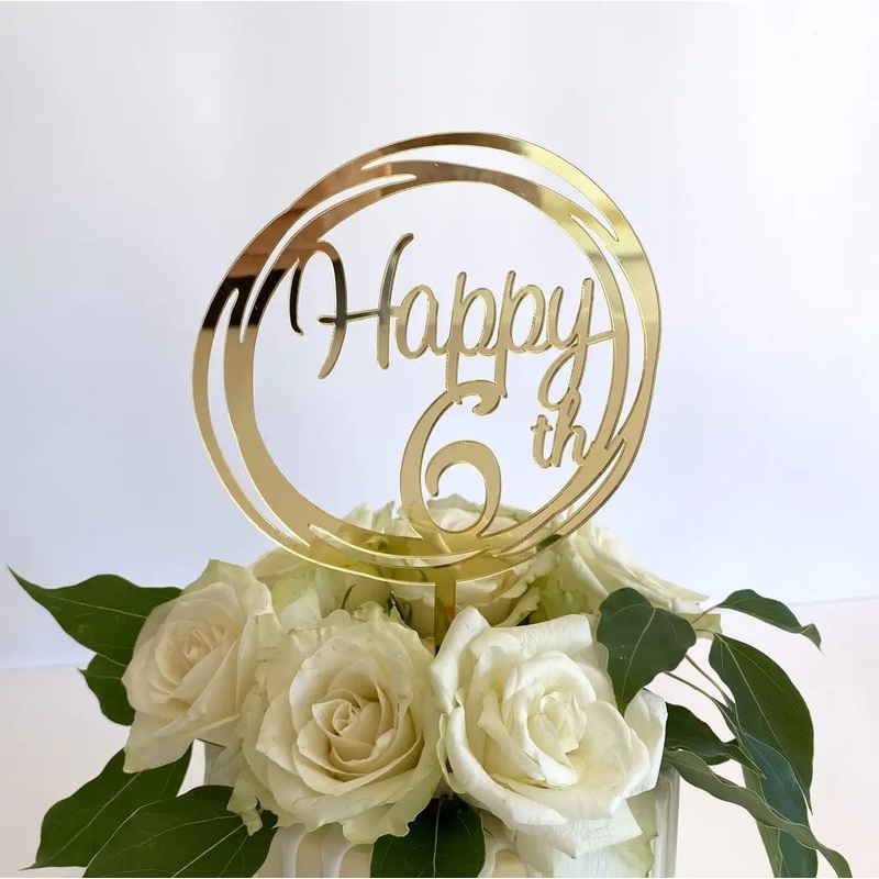 Acrylic Gold 'Happy 6th' Geometric Cake Topper