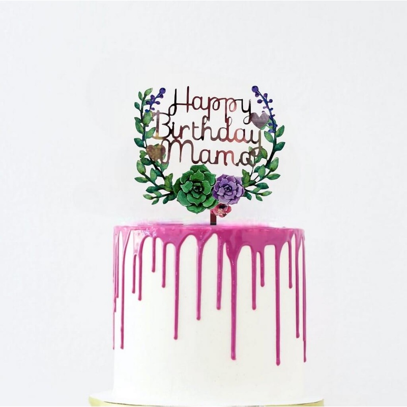 Acrylic 'Happy Birthday Mama' Floral Cake Topper - Rose Gold