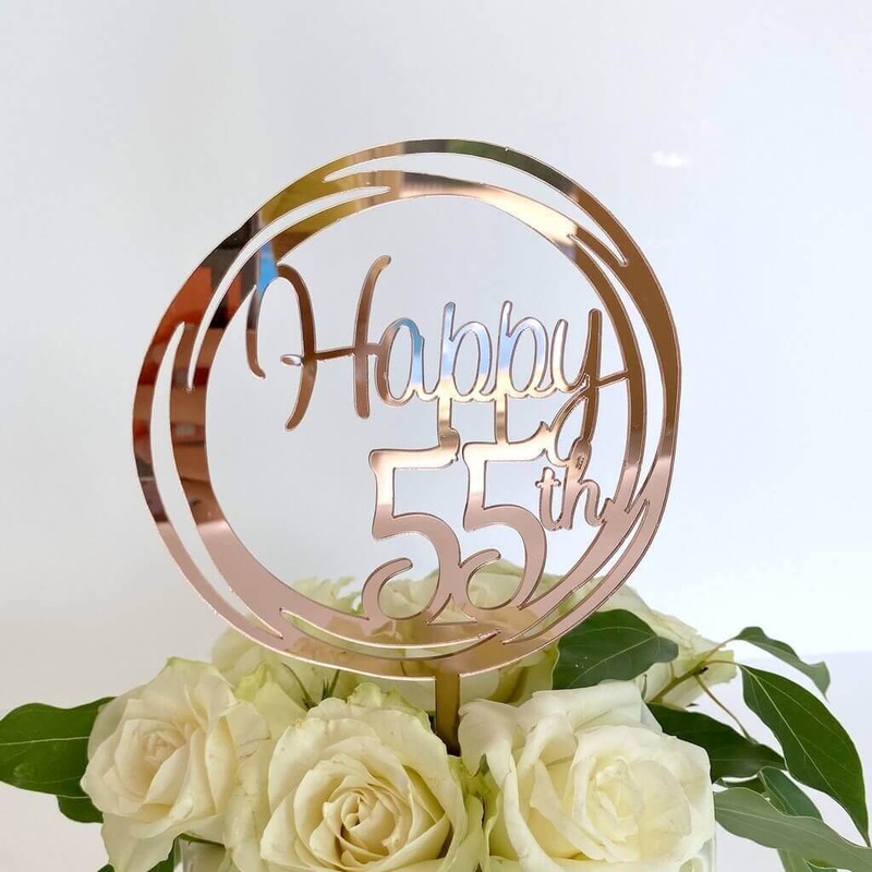 Acrylic Rose Gold Geometric 'Happy 55th' Cake Topper