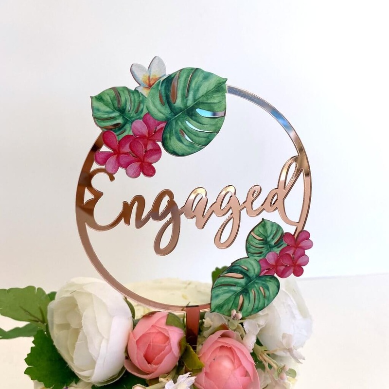 Acrylic Rose Gold Tropical Floral 'Engaged' Loop Cake Topper