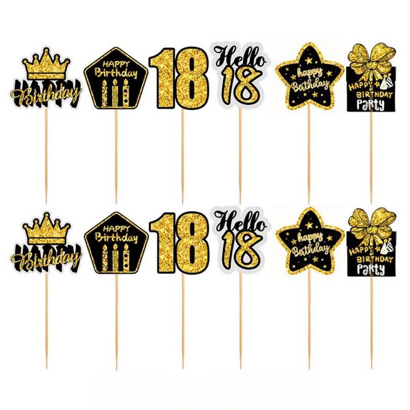 Black & Gold 18th Birthday Cupcake Picks 12pk