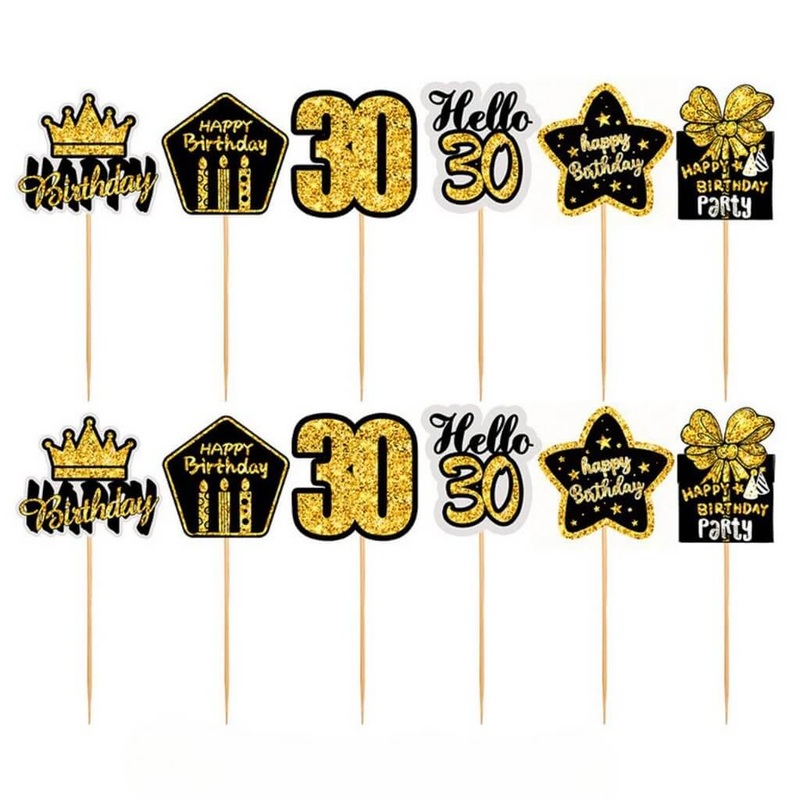 Black & Gold 30th Birthday Cupcake Toppers 12pk